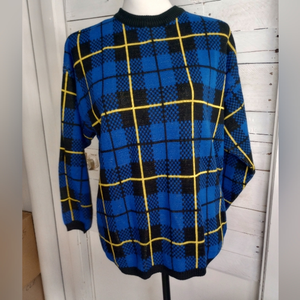 Vintage TOI Blue Yellow Black Plaid Knit Sweater 80s Retro Crewneck 3/4 Sleeves